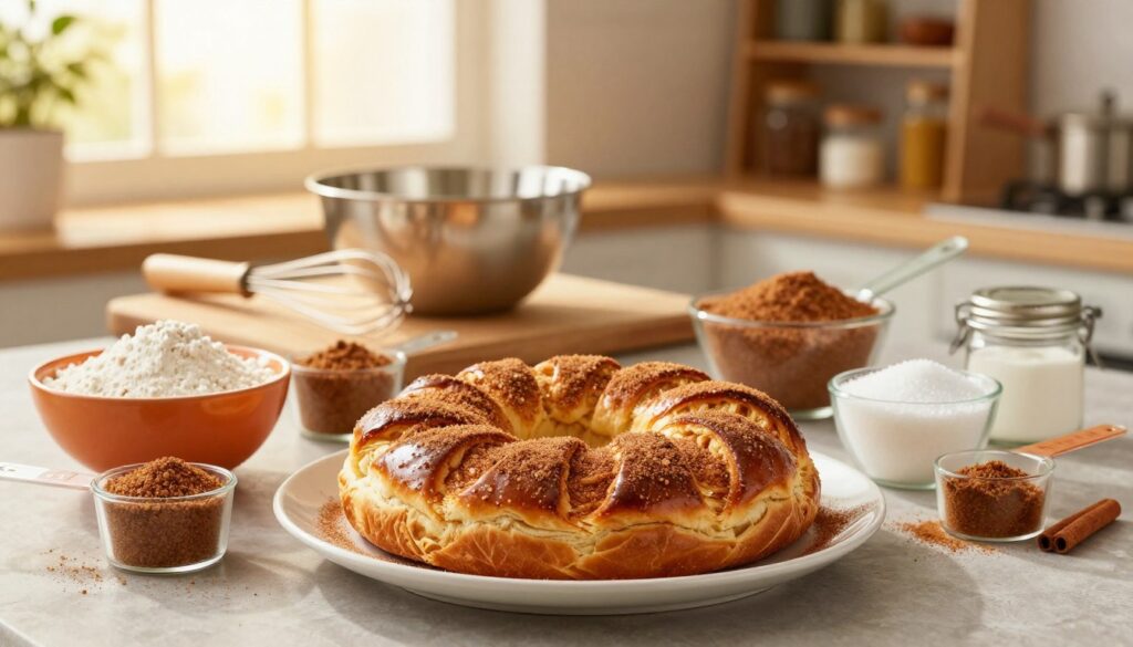 A beautifully arranged display of essential ingredients for cinnamon sugar king cake. In the foreground, a rich, golden-brown king cake sits elegantly on a white plate, dusted lightly with sparkling cinnamon sugar. Surrounding it are individual measuring cups filled with ingredients: a vibrant bowl of all-purpose flour, dark brown sugar glimmering in the light, fluffy granulated sugar, fragrant ground cinnamon, and a small jar of yeast. The middle ground features a wooden cutting board with a whisk and mixing bowl, infused with the warm golden light of a kitchen window. In the background, soft-focus shelves display spices and baking tools, enhancing the cozy, inviting atmosphere. The image captures a sense of warmth and creativity, perfect for inspiring homemade baking. A beautifully arranged display of essential ingredients for cinnamon sugar king cake. In the foreground, a rich, golden-brown king cake sits elegantly on a white plate, dusted lightly with sparkling cinnamon sugar. Surrounding it are individual measuring cups filled with ingredients: a vibrant bowl of all-purpose flour, dark brown sugar glimmering in the light, fluffy granulated sugar, fragrant ground cinnamon, and a small jar of yeast. The middle ground features a wooden cutting board with a whisk and mixing bowl, infused with the warm golden light of a kitchen window. In the background, soft-focus shelves display spices and baking tools, enhancing the cozy, inviting atmosphere. The image captures a sense of warmth and creativity, perfect for inspiring homemade baking.