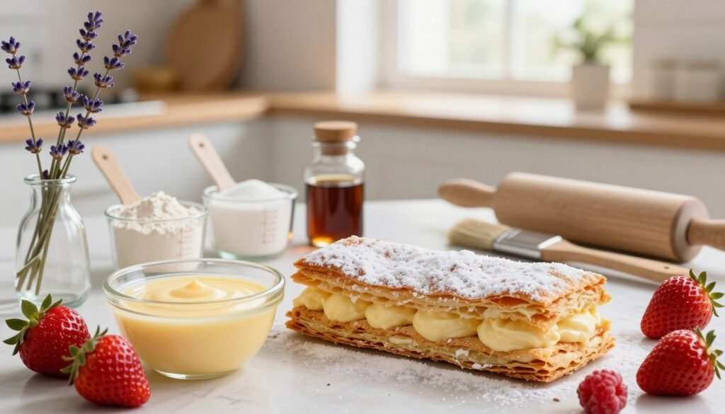 A beautifully arranged display of essential ingredients for homemade millefeuille, featuring layers of crispy puff pastry, a bowl of rich vanilla custard, and a dusting of powdered sugar. In the foreground, showcase fresh strawberries and raspberries for a pop of color, along with a small vase of lavender for a touch of elegance. In the middle ground, include a neatly organized array of measuring cups filled with flour, sugar, and vanilla extract, alongside a rolling pin and pastry brush. The background should be softly blurred, hinting at a cozy kitchen with warm, natural light streaming through a window, creating an inviting and homely atmosphere. The composition conveys the joy and artistry of baking, inviting viewers to create their own delectable millefeuille. A beautifully arranged display of essential ingredients for homemade millefeuille, featuring layers of crispy puff pastry, a bowl of rich vanilla custard, and a dusting of powdered sugar. In the foreground, showcase fresh strawberries and raspberries for a pop of color, along with a small vase of lavender for a touch of elegance. In the middle ground, include a neatly organized array of measuring cups filled with flour, sugar, and vanilla extract, alongside a rolling pin and pastry brush. The background should be softly blurred, hinting at a cozy kitchen with warm, natural light streaming through a window, creating an inviting and homely atmosphere. The composition conveys the joy and artistry of baking, inviting viewers to create their own delectable millefeuille.