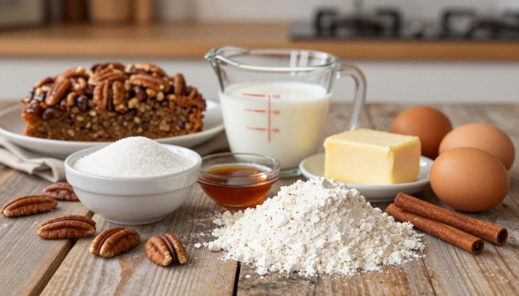 A beautifully arranged display of essential ingredients for homemade pecan streusel cake, featuring a rustic wooden table as the foreground. Include raw pecans, a bowl of granulated sugar, a mound of all-purpose flour, cinnamon sticks, a stick of butter, and fresh eggs artfully scattered around. In the middle, place a glass measuring cup filled with milk and a small dish with vanilla extract. The background should softly blur, hinting at a cozy kitchen with warm lighting to create an inviting atmosphere. Capture this scene from a slightly elevated angle to showcase the textures and colors of the ingredients. The overall mood should be warm and inviting, perfect for a baking theme.