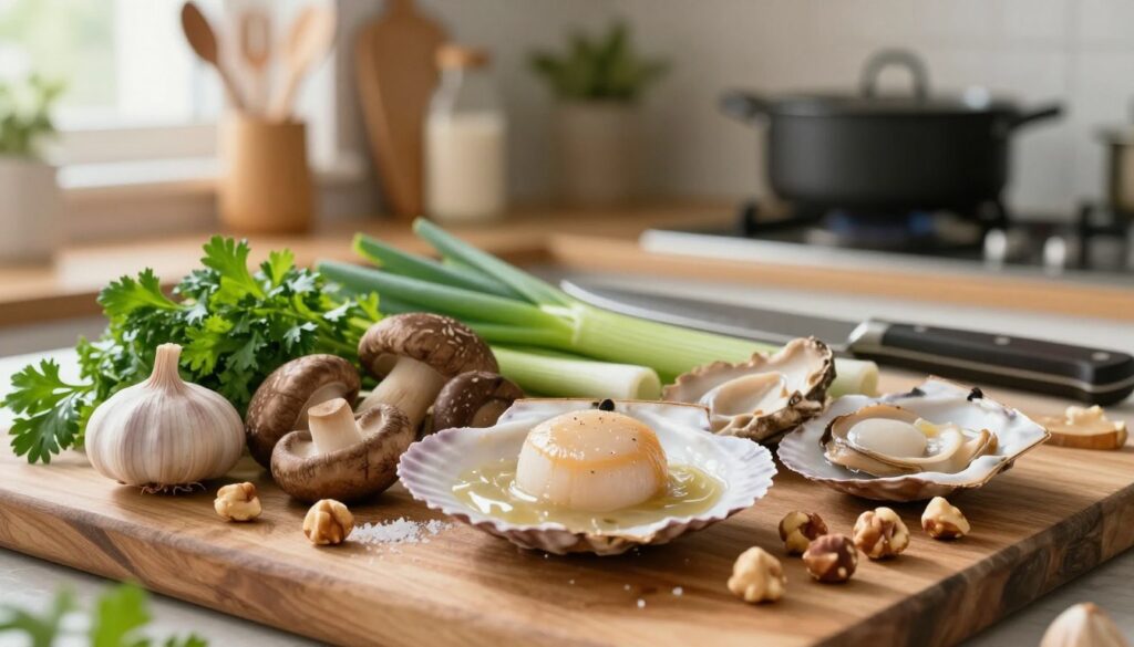 A beautifully arranged display of fresh ingredients for scallop stew, centered in the foreground. Include plump, glistening scallops with a hint of sea salt, earthy mushrooms like shiitake and oyster, and finely chopped hazelnuts. Surround them with vibrant vegetables such as fragrant garlic, fresh parsley, and bright green leeks. The middle ground features a rustic wooden cutting board with a sharp chef's knife resting beside the ingredients. In the background, softly blurred kitchen utensils and a pot simmering on a stove evoke a warm, inviting atmosphere. The scene is illuminated by soft, natural light streaming through a nearby window, creating a serene and appetizing vibe. Capture this composition with a shallow depth of field to draw attention to the ingredients while maintaining an inviting kitchen setting.