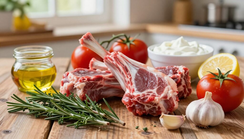A beautifully arranged display of ingredients for a Greek lamb shank recipe, capturing the essence of Mediterranean cooking. In the foreground, vibrant fresh herbs such as rosemary and thyme, alongside a handful of garlic cloves. The middle layer features raw lamb shanks, marbled with a rich reddish-pink hue, surrounded by plump ripe tomatoes and a bowl of creamy Greek yogurt. Sliced lemons and a small jar of olive oil provide a glossy, golden touch. The background consists of rustic wooden surfaces and soft, natural light filtering through a kitchen window, creating a warm and inviting atmosphere. The scene conveys a sense of culinary warmth and the authenticity of Greek flavors. The overall mood is cozy and appetizing, perfect for highlighting these key ingredients. A beautifully arranged display of ingredients for a Greek lamb shank recipe, capturing the essence of Mediterranean cooking. In the foreground, vibrant fresh herbs such as rosemary and thyme, alongside a handful of garlic cloves. The middle layer features raw lamb shanks, marbled with a rich reddish-pink hue, surrounded by plump ripe tomatoes and a bowl of creamy Greek yogurt. Sliced lemons and a small jar of olive oil provide a glossy, golden touch. The background consists of rustic wooden surfaces and soft, natural light filtering through a kitchen window, creating a warm and inviting atmosphere. The scene conveys a sense of culinary warmth and the authenticity of Greek flavors. The overall mood is cozy and appetizing, perfect for highlighting these key ingredients.