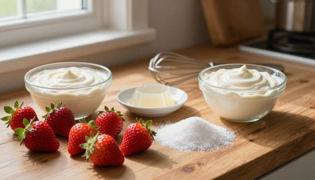 A beautifully arranged display of ingredients for strawberry Bavarian cream, featuring fresh, ripe strawberries bursting with color in the foreground. Beside them, a bowl of smooth, soft cream and a pile of fine sugar, creating a soft contrast. In the middle, a small dish of gelatin sheets and a whisk, suggesting preparation. The background showcases a rustic wooden kitchen countertop, with soft natural light filtering in from a nearby window, casting gentle shadows and highlighting the textures of the ingredients. The atmosphere is inviting and warm, evoking a sense of a cozy kitchen. The setting is meticulously organized to inspire creativity in dessert-making, capturing the essence of simplicity and elegance.