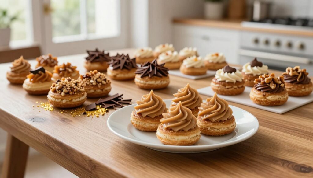 A beautifully arranged display of praline cream topping options for Paris-Brest pastry, set on an elegant wooden table. In the foreground, highlight a pristine white plate adorned with swirls of rich, creamy praline, beautifully contrasting with the indulgent texture. The middle section features a variety of topping options: crushed caramelized nuts, delicate chocolate shavings, and a sprinkle of gold dust, all artfully scattered around. In the background, soft natural light filters through an airy kitchen window, creating a warm and inviting atmosphere. Capture the scene from a slightly elevated angle to emphasize the details and layers of the toppings, evoking a sense of delight and gourmet inspiration. The overall mood is cozy and inviting, perfect for a culinary adventure.