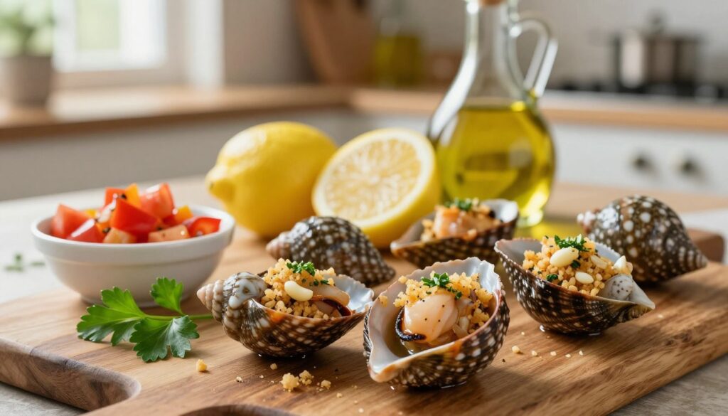 A beautifully arranged display of stuffed whelks ingredients on a rustic wooden table. In the foreground, focus on shiny, open whelk shells filled with a savory mixture of breadcrumbs, garlic, herbs, and chunks of cooked seafood. Include a small bowl of diced vegetables, such as tomatoes and bell peppers, alongside a sprig of fresh parsley for color. In the middle, showcase a lemon for zest and a bottle of olive oil adding a touch of culinary elegance. The background should feature a softly blurred kitchen setting, with hints of cooking utensils and spices. Warm, natural lighting filters through a nearby window, creating a cozy, inviting atmosphere, perfect for showcasing these fresh ingredients. A beautifully arranged display of stuffed whelks ingredients on a rustic wooden table. In the foreground, focus on shiny, open whelk shells filled with a savory mixture of breadcrumbs, garlic, herbs, and chunks of cooked seafood. Include a small bowl of diced vegetables, such as tomatoes and bell peppers, alongside a sprig of fresh parsley for color. In the middle, showcase a lemon for zest and a bottle of olive oil adding a touch of culinary elegance. The background should feature a softly blurred kitchen setting, with hints of cooking utensils and spices. Warm, natural lighting filters through a nearby window, creating a cozy, inviting atmosphere, perfect for showcasing these fresh ingredients.