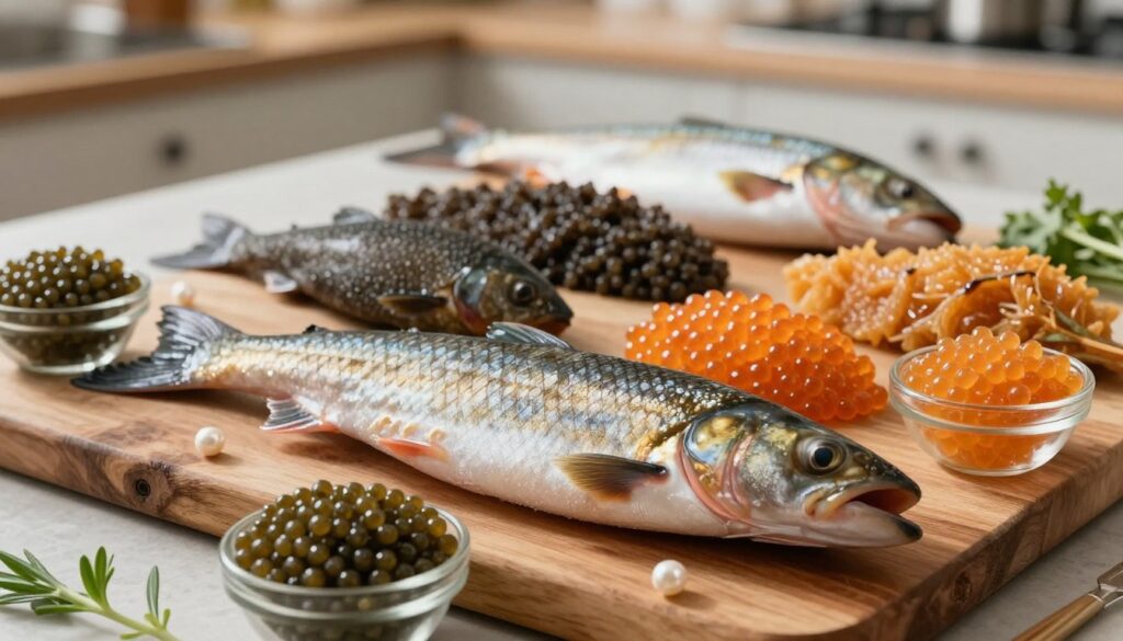 A beautifully arranged display showcasing the best fish for homemade caviar, featuring a glistening, fresh beluga sturgeon at the forefront, its scales shimmering under soft, natural lighting. The fish rests on a rustic wooden cutting board, surrounded by pearl-like caviar beads glistening in shallow glass bowls. In the middle ground, various fish species such as osetra and sevruga, presented with their delicate, colorful roe, are artistically laid out to emphasize their beauty and freshness. The background features a blurred kitchen setting with subtle hints of culinary tools and herbs, evoking a warm, inviting atmosphere suitable for gourmet cooking. The composition captures a sense of elegance and purpose, aimed at inspiring the viewer about the art of selecting fish for caviar preparation.