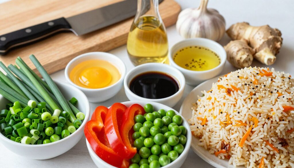 A beautifully arranged flat lay featuring essential fried rice ingredients. In the foreground, showcase vibrant vegetables such as finely chopped green onions, colorful bell peppers, and fresh peas in small bowls. Include a mound of cooked rice, glistening with a hint of oil. In the middle, display additional ingredients like beaten eggs, soy sauce, and sesame oil, all neatly organized for easy access. The background should feature a wooden cutting board with a chef's knife and a small bowl of garlic and ginger for aromatics. Use soft, natural lighting to create a warm and inviting atmosphere, emphasizing the freshness of the ingredients. Capture the scene from a top-down angle to ensure clear visibility of all components, evoking a sense of preparation and culinary creativity. A beautifully arranged flat lay featuring essential fried rice ingredients. In the foreground, showcase vibrant vegetables such as finely chopped green onions, colorful bell peppers, and fresh peas in small bowls. Include a mound of cooked rice, glistening with a hint of oil. In the middle, display additional ingredients like beaten eggs, soy sauce, and sesame oil, all neatly organized for easy access. The background should feature a wooden cutting board with a chef's knife and a small bowl of garlic and ginger for aromatics. Use soft, natural lighting to create a warm and inviting atmosphere, emphasizing the freshness of the ingredients. Capture the scene from a top-down angle to ensure clear visibility of all components, evoking a sense of preparation and culinary creativity.