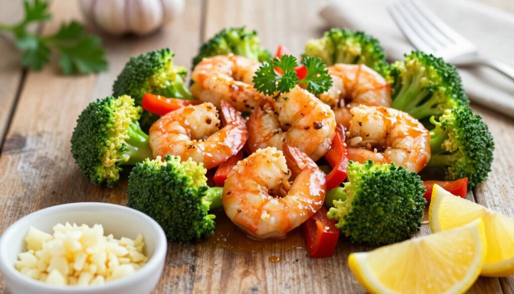 A beautifully arranged flat-lay of a garlic shrimp dish, featuring plump, sautéed shrimp glistening with a golden-brown garlic glaze. Surround the shrimp with vibrant green broccoli florets, sliced red bell peppers, and a sprinkle of fresh parsley for color. Include a small bowl of minced garlic and lemon wedges in the foreground for added detail. In the background, a rustic wooden table enhances the cozy atmosphere, while soft, diffused natural lighting casts a warm glow over the ingredients. The image should have a shallow depth of field, focusing on the shrimp and broccoli while gently blurring the background to create depth and interest. The overall mood is inviting and appetizing, perfect for inspiring a culinary adventure.