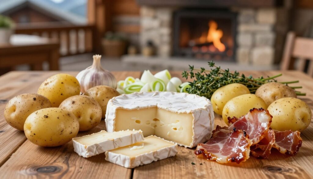 A beautifully arranged flat lay of essential ingredients for an authentic mountain-style tartiflette recipe. In the foreground, place a round of creamy Reblochon cheese, sliced to showcase its rich texture. Surround it with fresh potatoes, speckled with dirt for a rustic touch, and thinly sliced lardons, glistening with a hint of grease. In the middle ground, include a scattering of finely chopped onions and garlic, with fresh herbs like thyme adding a pop of green. In the background, softly blurred wooden rustic table and a cozy stone fireplace, hinting at a warm alpine chalet atmosphere. Warm, gentle lighting creates a welcoming mood, reminiscent of a mountain retreat. The image should capture the essence of hearty, traditional cooking in a serene mountain setting.