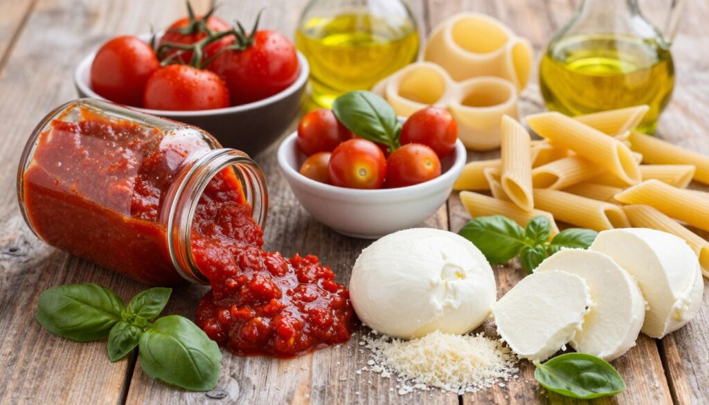 A beautifully arranged flat lay of essential ingredients for baked Italian pasta. In the foreground, vibrant, glistening tomato passata spills from a glass jar, surrounded by a generous portion of creamy mozzarella cheese, freshly grated parmesan, and crumbled ricotta. Fresh basil and oregano leaves are scattered artistically across the scene, adding pops of green. In the middle, bowls of colorful cherry tomatoes and a drizzle of olive oil enhance the composition, while an assortment of pasta shapes—like penne and rigatoni—adds texture. The background features a rustic wooden table, bathed in warm, natural lighting, creating a cozy, inviting atmosphere. The overall mood is one of culinary delight, showcasing the vibrant colors and textures that embody Italian cuisine.