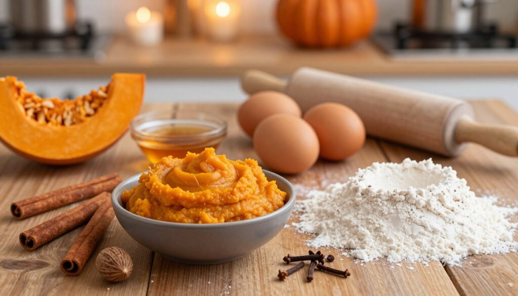 A beautifully arranged flat lay of essential ingredients for homemade pumpkin hand pies. In the foreground, showcase vibrant orange pumpkin puree in a small bowl, surrounded by warm spices like cinnamon sticks, nutmeg, and cloves, alongside a scattering of flour and sugar. In the middle, display fresh ingredients such as farm-fresh eggs, a small dish of vanilla extract, and a rolling pin, all placed on a rustic wooden table. In the background, softly blurred, include a cozy kitchen setting with warm, ambient lighting, evoking a sense of comfort and homeliness. The overall atmosphere should feel inviting and warm, perfect for autumn baking. Capture the scene with a slightly overhead angle to provide a comprehensive view of the ingredients, emphasizing their textures and colors.