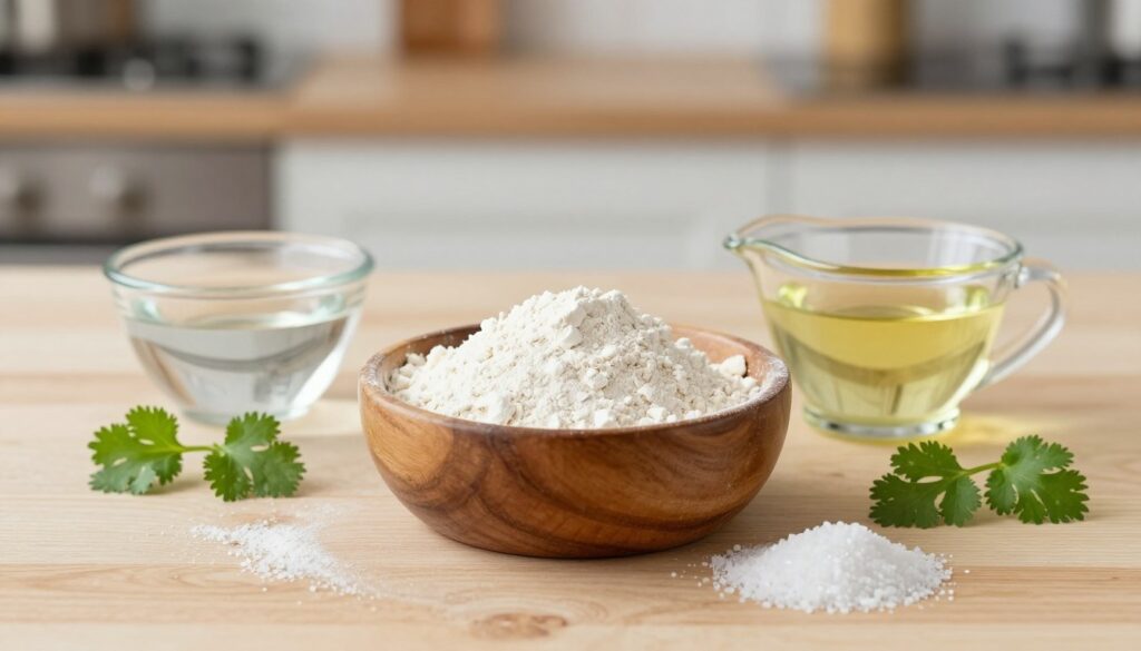 A beautifully arranged flat lay of essential ingredients for making samosa dough, featuring unbleached all-purpose flour in a rustic wooden bowl, a small pile of salt, and a clear glass container filled with oil. Surround these elements with small bowls of water and a few sprigs of fresh cilantro for garnish. The foreground includes a light wooden surface, textured to add depth. In the background, a soft-focus kitchen setting with warm, natural lighting creates a welcoming atmosphere. Use a shallow depth of field to emphasize the textures of the flour and oil while softly blurring the background, capturing a cozy, inviting mood perfect for a culinary guide.
