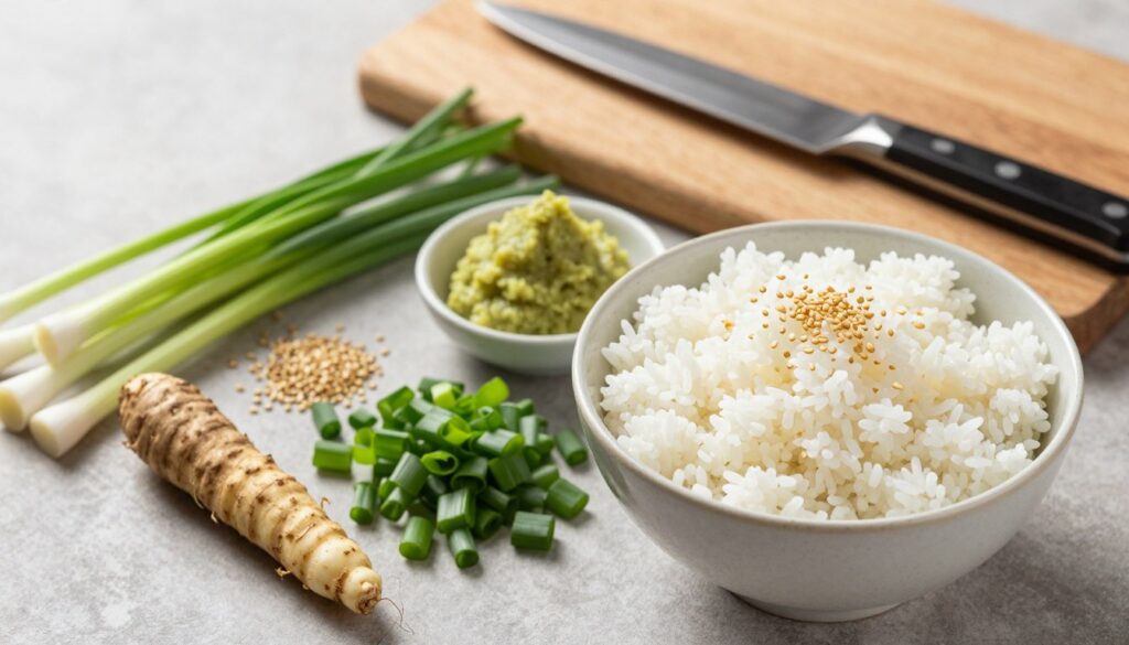 A beautifully arranged flat lay of essential ingredients for wasabi rice preparation, featuring fluffy white rice in a bowl, fresh wasabi root next to a small dish of wasabi paste, vibrant green scallions chopped finely, and a sprinkle of sesame seeds. In the background, a wooden cutting board holds a pair of chopsticks and a sharp knife, enhancing the culinary atmosphere. Soft, natural lighting cascades down, creating gentle shadows that highlight the textures of each ingredient. The color palette is fresh and inviting, with greens, whites, and earthy browns. The composition is clean and organized, inviting viewers to engage with the art of cooking. A shallow depth of field focuses on the ingredients while softly blurring the background, creating an inviting and warm mood.