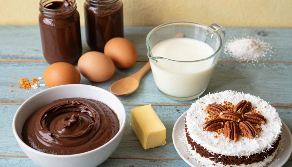 A beautifully arranged flat lay of ingredients for German chocolate dump cake, featuring a colorful backdrop of a rustic kitchen table. In the foreground, show a bowl of rich German chocolate cake mix, a stick of softened butter, and a layer of flaky coconut topped with crushed pecans. In the middle, include a measuring cup filled with buttermilk and a few eggs, positioned alongside a wooden spoon. In the background, subtly display a few jars of chocolate fudge icing and a sprinkle of toasted coconut. The lighting is warm and inviting, implying a cozy cooking atmosphere, with soft shadows and a focus on the textures of the ingredients. Capture this scene from a top-down angle to emphasize the layout of the ingredients attractively and clearly.