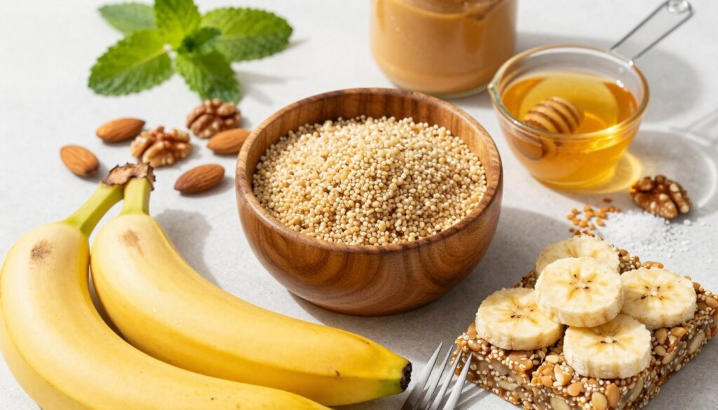 A beautifully arranged flat lay of the essential ingredients for homemade banana quinoa energy bars. In the foreground, display vibrant, ripe bananas with a fork beside them, glistening with freshness. In the middle, place a rustic wooden bowl filled with cooked quinoa, surrounded by a variety of nuts such as almonds and walnuts, and a measuring cup of golden honey. Scatter puffed rice and a pinch of sea salt around. In the background, softly blurred, add a few sprigs of fresh mint and a small jar of peanut butter. The composition should be well-lit with natural sunlight, casting gentle shadows to create depth, and photographed from a top-down angle to emphasize texture and detail. The overall mood is warm, inviting, and wholesome, highlighting the nutritious aspect of the ingredients.