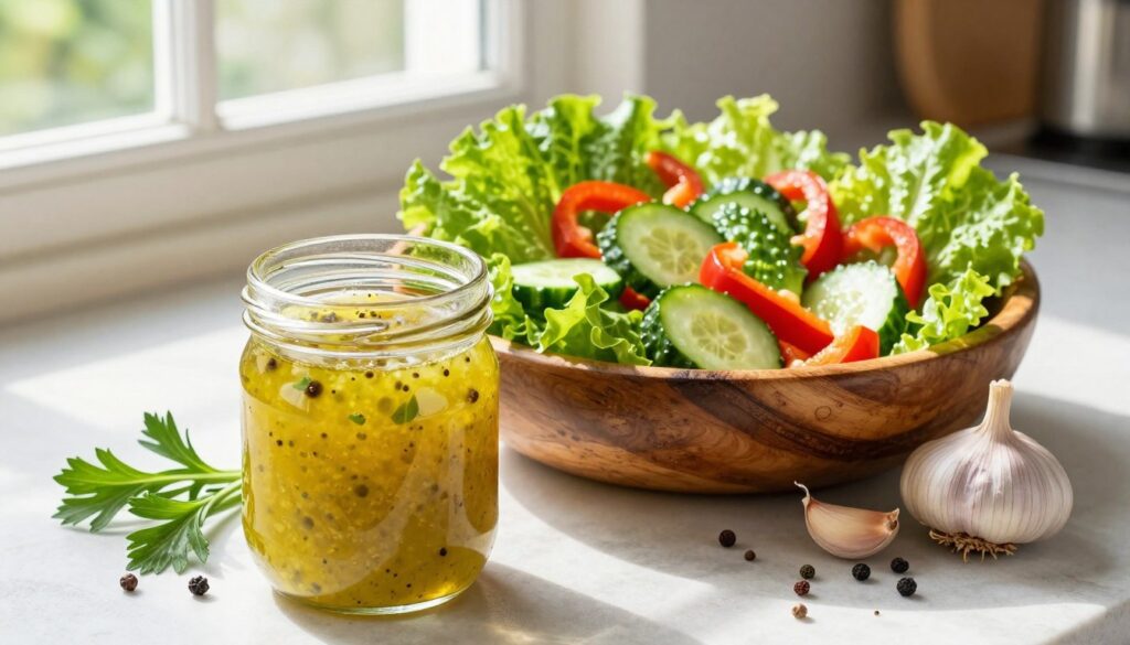 A beautifully arranged glass jar of homemade zesty Italian vinaigrette, showcasing vibrant colors and textures, sits prominently in the foreground, with a sprinkle of herbs, fresh garlic, and peppercorns alongside. In the middle, a crisp, refreshing salad featuring a variety of crunchy vegetables like romaine lettuce, cucumbers, and bell peppers is artfully displayed in a rustic wooden bowl, glistening from the vinaigrette’s luscious sheen. The background features soft, natural lighting filtering through a kitchen window, casting gentle shadows and enhancing the fresh, inviting atmosphere of a cozy kitchen. The scene evokes a light and cheerful mood, perfect for a healthy dining experience, with an emphasis on the homemade aspect of the vinaigrette. The angle is a slightly overhead view, capturing the vibrant colors and textures harmoniously.