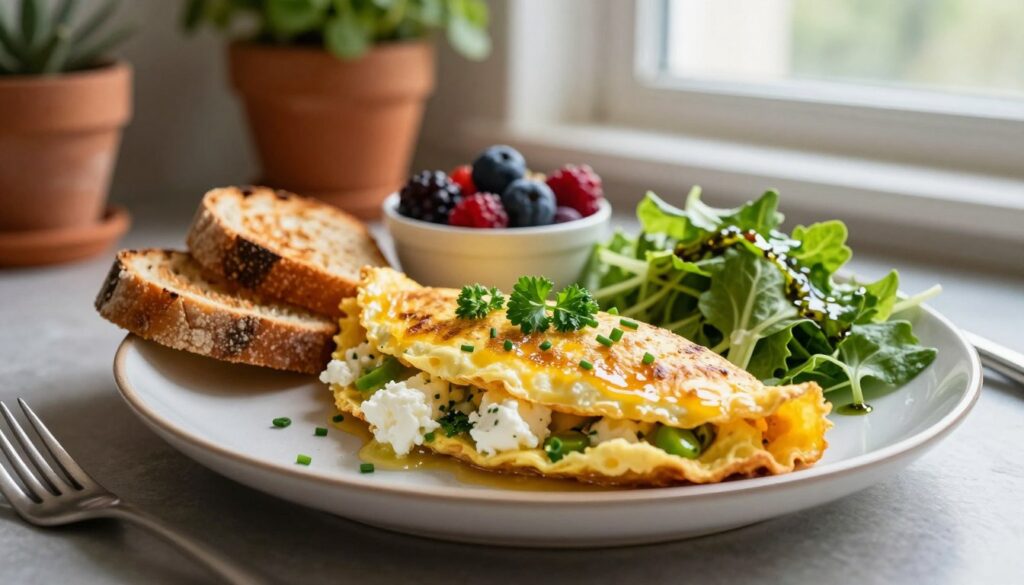 A beautifully arranged gourmet breakfast scene showcasing a delicate goat cheese and fresh herb omelet at its center, glistening with a golden hue and garnished with vibrant parsley and chives. Surrounding the omelet are a variety of breakfast items: lightly toasted artisan bread, a small bowl of mixed berries, and a delicate green salad with a hint of vinaigrette. The foreground is softly illuminated, creating a warm and inviting atmosphere. In the background, a blurred kitchen setting is visible, with terracotta pots and fresh herbs adding a rustic charm. Natural light filters in from a nearby window, enhancing the colors and textures of the dishes. The composition is shot from a slightly elevated angle, providing a complete view of the culinary spread.