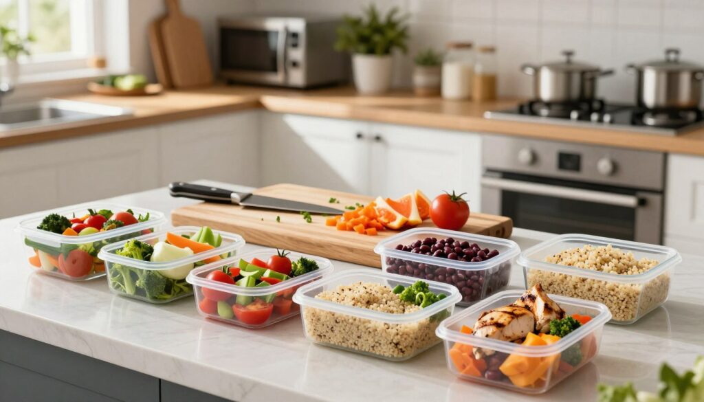 A beautifully arranged healthy dinner meal prep scene featuring an organized kitchen countertop. In the foreground, vibrant, colorful meal prep containers filled with a variety of fresh vegetables, grilled chicken, quinoa, and legumes, meticulously portioned. The middle captures a large wooden cutting board with chopped ingredients, utensils, and a chef's knife, emphasizing a streamlined cooking process. In the background, a well-lit kitchen with modern appliances and plants, creating a warm, inviting atmosphere. Natural sunlight flows in through a window, casting soft shadows and highlighting the freshness of the food. The mood is energetic and motivating, showcasing the joy of preparing quick, healthy meals.
