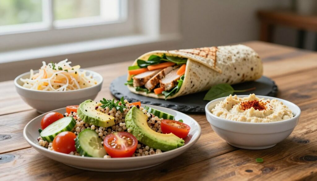 A beautifully arranged healthy lunch spread on a rustic wooden table, featuring vibrant dishes rich in gut-friendly ingredients. In the foreground, a colorful quinoa salad with cherry tomatoes, cucumber, and avocado, garnished with fresh herbs. Beside it, a vibrant bowl of fermented sauerkraut and a small dish of hummus topped with paprika. In the middle ground, a whole grain wrap filled with spinach, carrots, and grilled chicken slices, elegantly presented on a slate plate. The background showcases soft, natural lighting filtering through a window, highlighting the freshness of the ingredients. The atmosphere is inviting and wholesome, emphasizing vitality and wellness. The depth of field subtly blurs the background, allowing the focus to remain on the colorful, nutritious lunch options. A beautifully arranged healthy lunch spread on a rustic wooden table, featuring vibrant dishes rich in gut-friendly ingredients. In the foreground, a colorful quinoa salad with cherry tomatoes, cucumber, and avocado, garnished with fresh herbs. Beside it, a vibrant bowl of fermented sauerkraut and a small dish of hummus topped with paprika. In the middle ground, a whole grain wrap filled with spinach, carrots, and grilled chicken slices, elegantly presented on a slate plate. The background showcases soft, natural lighting filtering through a window, highlighting the freshness of the ingredients. The atmosphere is inviting and wholesome, emphasizing vitality and wellness. The depth of field subtly blurs the background, allowing the focus to remain on the colorful, nutritious lunch options.