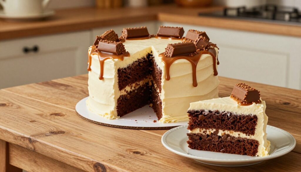 A beautifully arranged holy cow cake displayed on a rustic wooden table. The cake, tall and decadent, features layers of rich chocolate and creamy vanilla frosting. It is generously topped with a gooey caramel drizzle and crunchy Butterfinger pieces. In the foreground, a slice of the cake is on a delicate porcelain plate, showcasing its luscious layers. The background includes soft, warm lighting that creates an inviting atmosphere, with a blurred kitchen setting that hints at a cozy home baking environment. Capture the scene from a slightly elevated angle, emphasizing the cake’s textures and toppings while conveying a sense of warmth and indulgence.