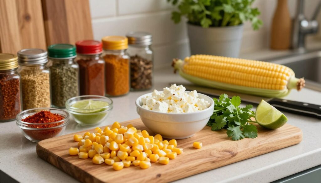 A beautifully arranged kitchen counter showcasing essential ingredients for street corn bites. In the foreground, a wooden cutting board displays vibrant yellow corn kernels, a bowl of crumbled feta cheese, fresh cilantro, lime wedges, and a small container of chili powder. The middle ground features a colorful array of spices in jars, a fresh ear of corn, and a sharp knife, all bathed in warm, soft natural light. In the background, a rustic kitchen setting with wooden cabinets and a hint of potted herbs creates a cozy atmosphere. The scene captures the cooking process, inviting and vibrant, with a focus on the rich colors and textures of the ingredients, evoking a sense of creativity and flavor.