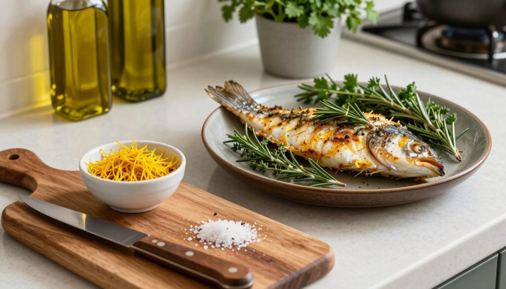 A beautifully arranged kitchen counter showcasing seasoned scorpionfish fillets, garnished with vibrant Mediterranean herbs like rosemary, thyme, and parsley, alongside a small bowl of bright yellow saffron threads. The foreground features a wooden cutting board with a knife and a sprinkle of sea salt. In the middle, the perfectly baked scorpionfish is presented on a rustic plate, glistening under warm, soft lighting that highlights the rich colors of the ingredients. The background features olive oil bottles and a herb pot, creating a cozy, inviting atmosphere. The image captures the essence of Mediterranean cooking, evoking a sense of culinary mastery and freshness. The angle should be slightly above, offering a top-down view to showcase the details and textures of the spices and fish.