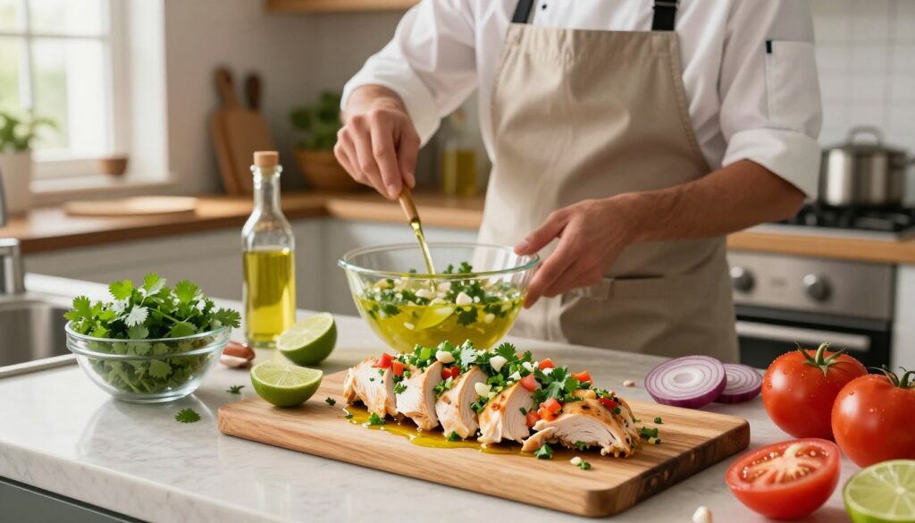 A beautifully arranged kitchen counter showcasing the preparation of marinated chicken for tacos. In the foreground, a cutting board holds sliced chicken breast, marinated in a vibrant mixture of lime juice, olive oil, garlic, and chopped fresh coriander. Surrounding the chicken are various ingredients: a small bowl of coriander leaves, sliced red onions, and colorful diced tomatoes. In the middle ground, a chef, dressed in a neat apron, skillfully mixes the marinade, a joyful expression on their face, emphasizing the cooking process. The background depicts a cozy kitchen with warm, natural lighting filtering through a window, creating an inviting atmosphere. The scene captures the essence of freshness and preparation for a delicious taco night, focused and vibrant.