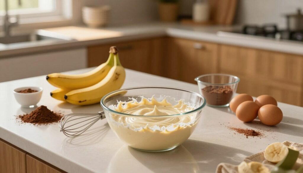 A beautifully arranged kitchen countertop displays the elements of a no-sponge cake preparation. In the foreground, an elegant glass mixing bowl filled with creamy batter sits next to measuring cups and a whisk, symbolizing the no-sponge theme. In the middle ground, fresh ingredients like ripe bananas, cocoa powder, and eggs are artfully scattered, emphasizing the cake's rich flavors. The background showcases a softly lit kitchen with wooden cabinetry and a window letting in warm, inviting sunlight, creating a cozy and inviting atmosphere. The camera angle is slightly above eye-level, capturing the scene as if inviting the viewer to join the baking process. This image exudes a sense of warmth and creativity, perfect for illustrating the essence of a no-sponge cake.