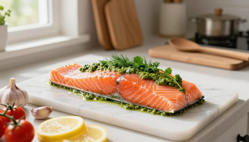 A beautifully arranged kitchen countertop featuring a fillet of fresh salmon, its skin glistening under the soft, natural light coming through a nearby window. The salmon is topped with a vibrant green pesto sauce, sprinkled with herbs like dill and parsley. In the foreground, there are colorful ingredients like garlic cloves, lemon slices, and cherry tomatoes, hinting at the preparation process. The background shows an inviting kitchen setting, with wooden utensils, a cutting board, and a hint of a cozy dining area, contributing to a warm, homely atmosphere. The angle is slightly overhead, capturing the alluring details of the salmon while emphasizing the freshness of the ingredients. The lighting is bright yet soft, evoking a sense of ease and simplicity in preparing this dish.