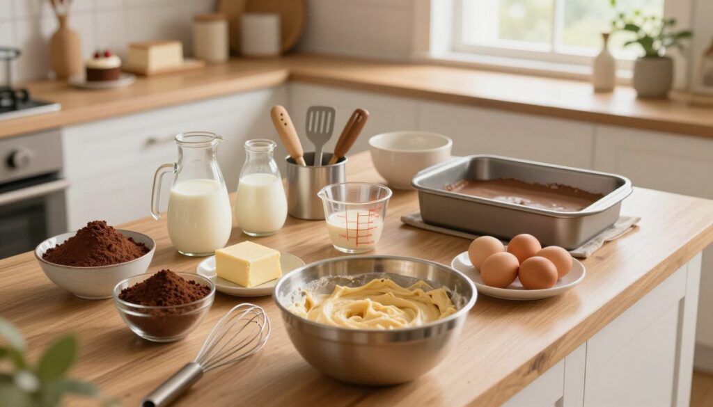 A beautifully arranged kitchen countertop featuring a variety of ingredients for making a Holy Cow Cake, including cocoa powder, condensed milk, butter, and eggs. In the foreground, a mixing bowl filled with cake batter, a whisk resting beside it. In the middle, a well-organized space with measuring cups, mixing utensils, and a baking dish ready to be filled. The background showcases a cozy kitchen with warm lighting, soft wooden shelves displaying dessert decor, and a window letting in natural light. Capture a warm, inviting atmosphere that suggests preparation and anticipation, focusing on the meticulous yet joyful act of making a cake ahead of time. Angle the shot slightly from above to give depth to the kitchen scene, creating a sense of context and activity.