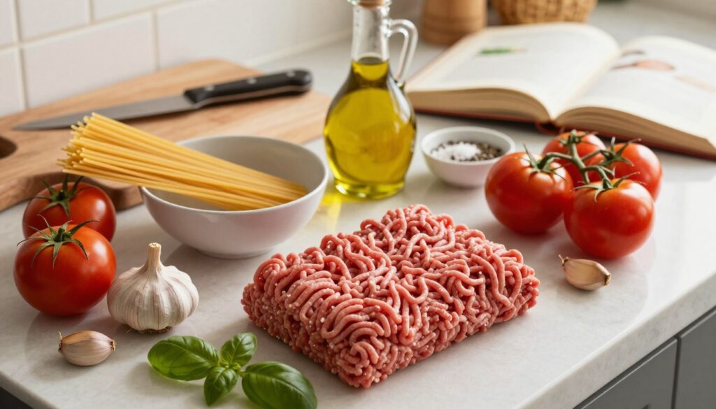 A beautifully arranged kitchen countertop featuring all the essential ingredients for a ground beef spaghetti recipe. In the foreground, a raw portion of ground beef sits invitingly, surrounded by vibrant ripe tomatoes, aromatic garlic cloves, and a handful of fresh basil leaves. In the middle, there are bowls of uncooked spaghetti noodles, olive oil, and a small dish of salt and pepper. The background showcases a rustic wooden cutting board, a chef's knife, and an open cookbook with a blurred page to add context. The lighting is warm and inviting, illuminating the fresh ingredients with a soft glow, evoking a cozy cooking atmosphere. The angle is slightly overhead, capturing a harmonious layout without any distractions.
