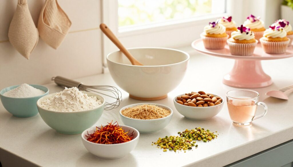 A beautifully arranged kitchen countertop featuring an array of ingredients for Persian love cake cupcakes. In the foreground, bowls of flour, sugar, and ground almonds are neatly placed, along with delicate saffron strands, rosewater, and crushed pistachios. A soft, whimsical touch of pastel colors surrounds the ingredients, suggesting an inviting atmosphere. In the middle, a mixing bowl with a wooden spoon is poised, ready for action, while a whisk and measuring cups lie nearby, hinting at the process of baking. In the background, the warm glow of soft, natural lighting streams in through a window, illuminating the scene with a cozy feel. A beautifully decorated cupcake stand with freshly baked cupcakes garnished with flower petals is partially visible, enhancing the dreamy aesthetic of these exotic desserts.