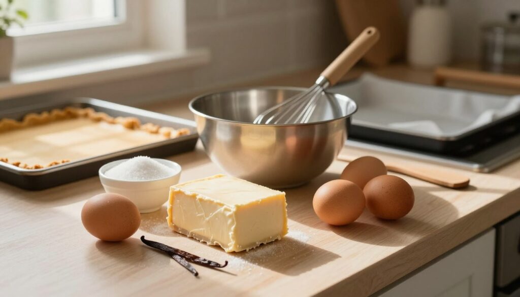 A beautifully arranged kitchen countertop featuring essential ingredients for making homemade cheesecake. In the foreground, a block of cream cheese, softly softened, complemented by sugar, eggs, and vanilla extract arranged artfully. In the middle, a mixing bowl and whisk, with a spatula resting beside it, hinting at the preparation process. The background showcases a baking tray with a graham cracker crust, subtly blurred to emphasize the ingredients in focus. The kitchen is warmly lit, creating a cozy and inviting atmosphere, with natural light streaming in from a nearby window, casting gentle shadows. The overall mood is warm and encouraging, reflecting the joy of baking at home.