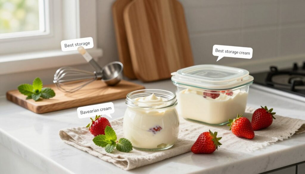A beautifully arranged kitchen countertop featuring storage tips for homemade Bavarian cream. In the foreground, a glass jar filled with creamy Bavarian cream sits next to an airtight container, both on a delicate linen cloth. Fresh strawberries and sprigs of mint are artfully scattered around, adding texture and color. The middle background showcases a wooden cutting board with kitchen utensils, like a whisk and measuring spoons, along with labels indicating best storage practices. Soft, natural lighting filters in from a nearby window, creating a warm, inviting atmosphere. The image captures a cozy, homey vibe, encouraging viewers to enjoy and store their dessert properly, with a focus on freshness and care in presentation.