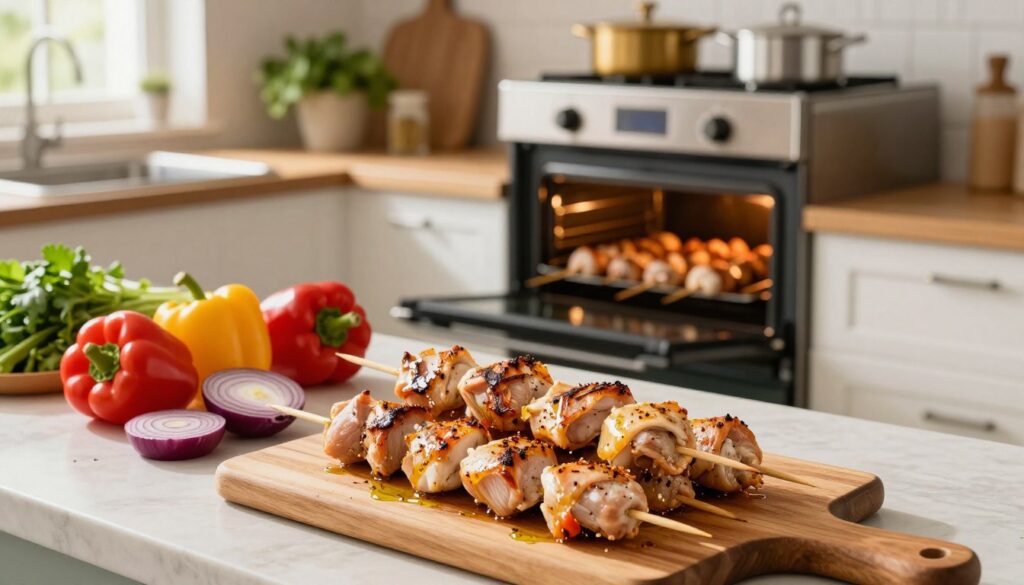 A beautifully arranged kitchen countertop featuring the preparation of oven-baked souvlaki chicken. In the foreground, marinated chicken skewers are artfully placed on a wooden cutting board, glistening with spices and olive oil. Brightly colored bell peppers and red onions are sliced nearby, ready for grilling. In the middle ground, an oven preheats, with an open door showing skewers arranged inside, subtly illuminated by warm light. The background features a well-organized kitchen with pots, fresh herbs, and a hint of Mediterranean décor, creating a cozy and inviting atmosphere. Soft, natural light filters through a nearby window, casting gentle shadows and enhancing the fresh ingredients. The ambiance is warm and homey, inspiring a sense of culinary creativity and the comforting essence of home-cooked meals.