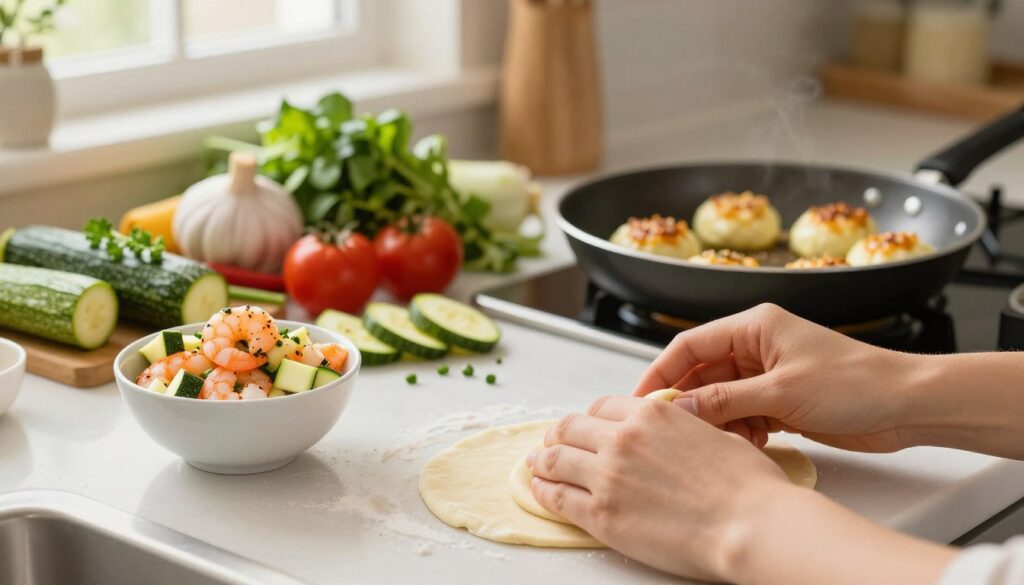 A beautifully arranged kitchen countertop showcases the process of making stuffed batbouts with shrimp and zucchini. In the foreground, a pair of hands expertly shape the dough, while a small bowl filled with seasoned shrimp and finely diced zucchini lies nearby. The middle ground features a colorful assortment of fresh ingredients, including chopped herbs, while a frying pan sizzles softly with batbouts cooking to a golden brown. The background reveals a warm and inviting kitchen with soft, natural lighting illuminating the scene through a window. The atmosphere conveys a sense of culinary creativity and warmth, inviting viewers to dive into the art of preparing this delicious dish. The overall composition focuses on the food preparation process, highlighting the vibrant colors and textures.