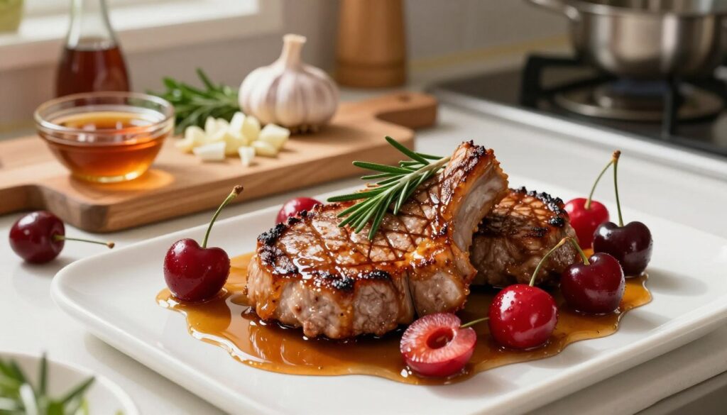 A beautifully arranged kitchen countertop showcasing a delicious veal chops recipe. In the foreground, perfectly seared veal chops glisten with a rich, golden-brown crust, garnished with sprigs of fresh rosemary. Surrounding the chops are vibrant cherries, some whole and some halved, soaked in a glossy maple syrup glaze that reflects natural light. The middle ground features a wooden cutting board with freshly chopped garlic and herbs, alongside a small bowl of maple syrup, adding texture and color. In the background, soft-focus kitchen utensils and ingredients create a warm, inviting atmosphere. The lighting is warm and natural, illuminating the dish from an overhead angle, evoking a cozy, home-cooked vibe. Ideal for culinary inspiration and showcasing essential ingredients.