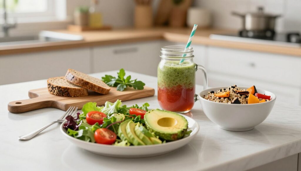 A beautifully arranged kitchen countertop showcasing a variety of healthy lunch recipes in bright, natural light. In the foreground, a vibrant salad with mixed greens, cherry tomatoes, and slices of avocado is artfully placed alongside a colorful quinoa bowl topped with roasted vegetables. Next to it, a mason jar filled with a refreshing smoothie reflects enticing colors. In the middle ground, a cutting board displays sliced whole grain bread and fresh herbs, with a few kitchen utensils casually placed around. The background features a cozy kitchen with soft, warm lighting, emphasizing a welcoming atmosphere. The overall mood is inviting and inspiring, perfect for encouraging healthy eating habits without any clutter or distractions in the space. A soft depth of field creates a sense of focus on the delicious, nutritious meals prepared with care. A beautifully arranged kitchen countertop showcasing a variety of healthy lunch recipes in bright, natural light. In the foreground, a vibrant salad with mixed greens, cherry tomatoes, and slices of avocado is artfully placed alongside a colorful quinoa bowl topped with roasted vegetables. Next to it, a mason jar filled with a refreshing smoothie reflects enticing colors. In the middle ground, a cutting board displays sliced whole grain bread and fresh herbs, with a few kitchen utensils casually placed around. The background features a cozy kitchen with soft, warm lighting, emphasizing a welcoming atmosphere. The overall mood is inviting and inspiring, perfect for encouraging healthy eating habits without any clutter or distractions in the space. A soft depth of field creates a sense of focus on the delicious, nutritious meals prepared with care.