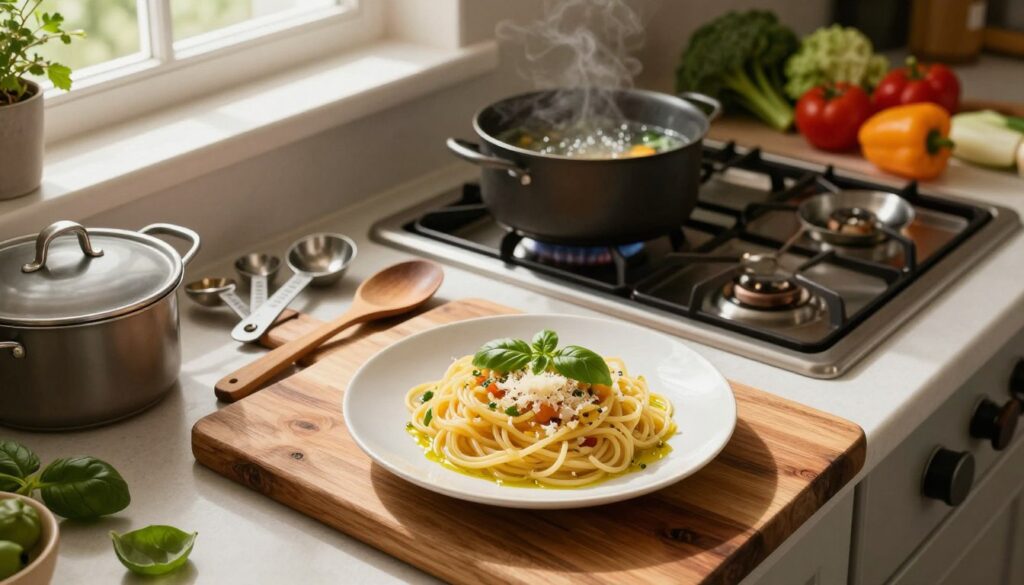 A beautifully arranged kitchen countertop showcasing a vibrant no drain pasta recipe. In the foreground, a large, rustic wooden cutting board with a plate of perfectly cooked spaghetti, glistening with olive oil, garnished with fresh basil and grated parmesan cheese. Beside it, an assortment of essential kitchen tools—measuring spoons, a wooden spoon, and a pot with a lid—artfully organized. In the middle background, a well-used stove with a pot of boiling water and a lively array of colorful vegetables ready for cooking, illuminated by warm, natural light streaming in from a nearby window. A cozy, inviting atmosphere enhances the scene, evoking a sense of comfort and culinary creativity. The angle is slightly overhead, capturing the entirety of this mouth-watering, one-pan cooking setup.
