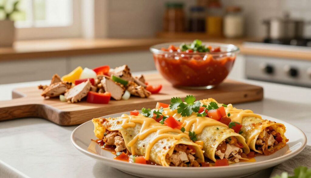 A beautifully arranged kitchen countertop showcasing easy chicken enchiladas. In the foreground, a close-up view of a plate filled with perfectly rolled enchiladas, topped with a vibrant salsa and melted cheese, aromatically garnished with fresh cilantro. The middle layer features a cutting board with finely diced, seasoned chicken, bell peppers, onions, and a bowl of enchilada sauce, illustrating the chicken filling preparation. In the background, warm, inviting kitchen elements such as a wooden shelf with spices, and soft natural light filtering through a window, creating a homey ambiance. The mood is cozy and inviting, conveying a sense of wholesome cooking and preparation. The lens captures the scene at a slight angle to enhance depth and perspective, focusing on the details of the enchiladas and ingredients.