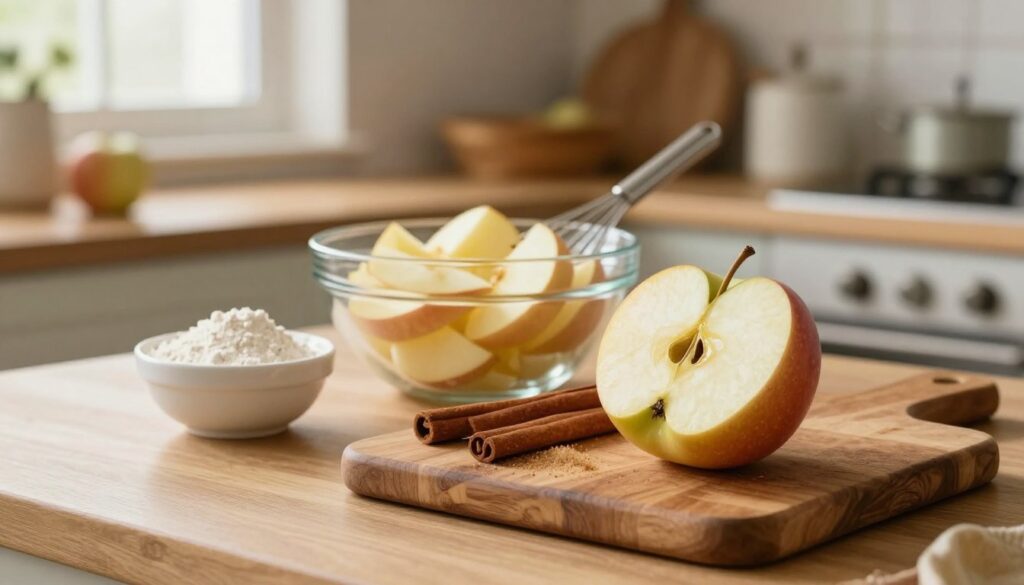 A beautifully arranged kitchen countertop showcasing essential ingredients for homemade apple treats. In the foreground, a gleaming wooden cutting board features a fresh, crisp apple, brown sugar, cinnamon sticks, and flour in small bowls. The middle layer includes a glass bowl filled with apple slices and a whisk, hinting at the baking process. In the background, soft lighting from a nearby window creates a warm and inviting atmosphere, illuminating a rustic kitchen setting with wooden shelves and a few vintage kitchen tools. The overall mood is cozy and homey, perfect for the delightful task of making simple apple desserts. Use a shallow depth of field to keep the focus sharp on the ingredients while gently blurring the background.