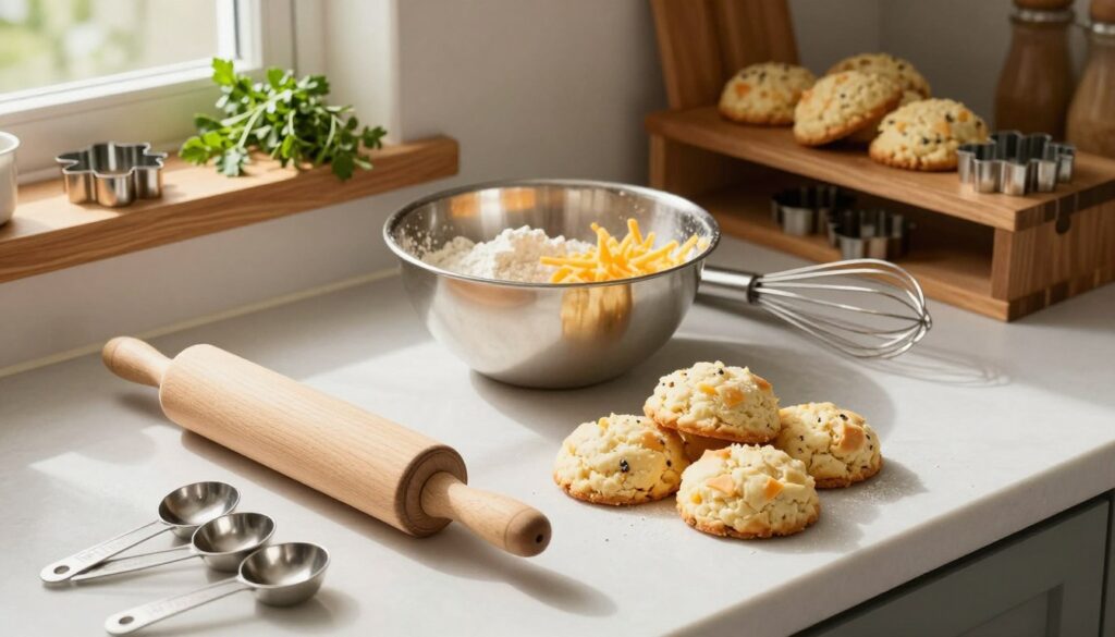 A beautifully arranged kitchen countertop showcasing essential tools for making homemade white cheddar buttermilk biscuits. In the foreground, a light wooden rolling pin and a set of measuring cups and spoons spill slightly on one side. In the middle, a stainless steel mixing bowl holds flour and cheddar cheese, while a pastry cutter and a whisk lie nearby. The background features rustic wooden shelves adorned with herbs and a few neatly stacked biscuit cutters. Warm, natural light streams through a nearby window, casting gentle shadows and creating a cozy atmosphere. The overall mood is inviting and homely, emphasizing the joy of baking. Shot from a slightly elevated angle to capture all elements harmoniously.
