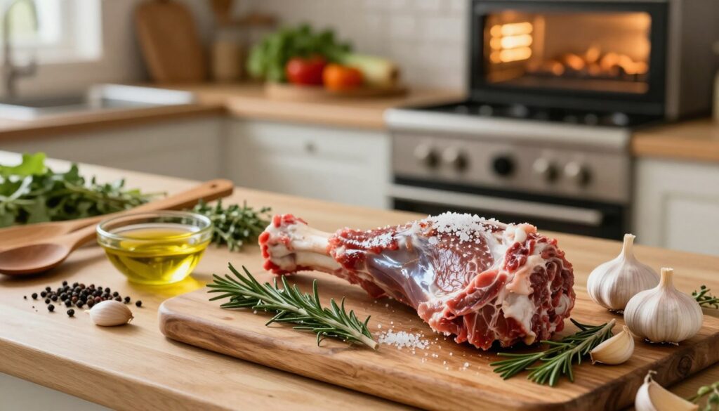 A beautifully arranged kitchen countertop showcasing the ingredients for a roast leg of lamb preparation. In the foreground, a rustic wooden board holds a succulent raw lamb leg seasoned generously with coarse salt. Surrounding it are sprigs of fresh rosemary and several cloves of garlic, some whole and some finely chopped, glistening in natural light. The middle ground features a vibrant array of herbs and spices, including thyme and black pepper, alongside a small bowl of olive oil, with natural wood utensils placed artistically. The background reveals a blurred kitchen setting with warm, inviting lighting, highlighting an oven preheating and fresh vegetables ready to roast. The atmosphere is cozy and aromatic, evoking anticipation for a delicious meal. The scene is captured from a slightly elevated angle, emphasizing the texture of the ingredients and creating a sense of homely warmth.