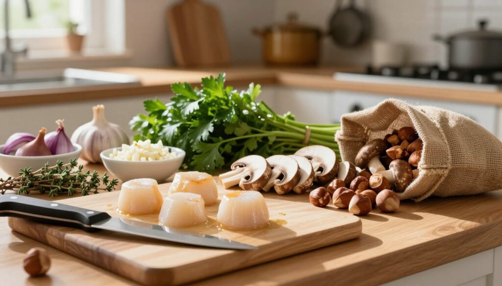 A beautifully arranged kitchen countertop showcasing the preparation of scallop, mushroom, and hazelnut stew ingredients. In the foreground, fresh scallops glisten on a cutting board with a sharp knife beside them. Next to the scallops, earthy brown and white mushrooms are sliced and neatly arranged, with a handful of roasted hazelnuts spilling out from a burlap bag. The middle ground features vibrant herbs like parsley and thyme, along with chopped garlic and shallots in small bowls. In the background, a softly lit kitchen scene creates a warm, inviting atmosphere, with hanging pots and warm wood tones. Natural light streams in through a window, casting gentle shadows that enhance textures. The overall mood is cozy and homey, perfect for showcasing ingredient prep.