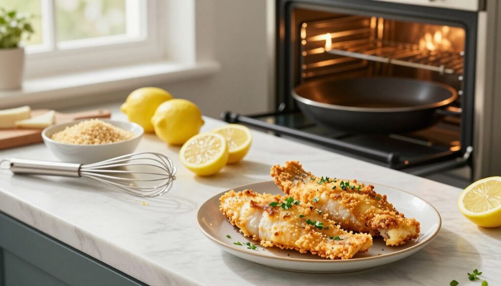 A beautifully arranged kitchen countertop showcasing the step-by-step preparation of oven-baked fish for a light version of fish and chips. In the foreground, a plate holds several lightly filleted fish pieces coated in a crisp, golden batter, garnished with fresh herbs. The middle layer features cooking utensils like a whisk, a bowl with seasoned breadcrumbs, and sliced lemons for added zest. In the background, an oven is preheating, casting a warm glow across the scene. Natural daylight filters through a window, creating a bright, inviting atmosphere. The scene should evoke a sense of home cooking with an emphasis on health and simplicity, perfect for a light meal. Use a slightly elevated angle to capture all elements harmoniously. A beautifully arranged kitchen countertop showcasing the step-by-step preparation of oven-baked fish for a light version of fish and chips. In the foreground, a plate holds several lightly filleted fish pieces coated in a crisp, golden batter, garnished with fresh herbs. The middle layer features cooking utensils like a whisk, a bowl with seasoned breadcrumbs, and sliced lemons for added zest. In the background, an oven is preheating, casting a warm glow across the scene. Natural daylight filters through a window, creating a bright, inviting atmosphere. The scene should evoke a sense of home cooking with an emphasis on health and simplicity, perfect for a light meal. Use a slightly elevated angle to capture all elements harmoniously.