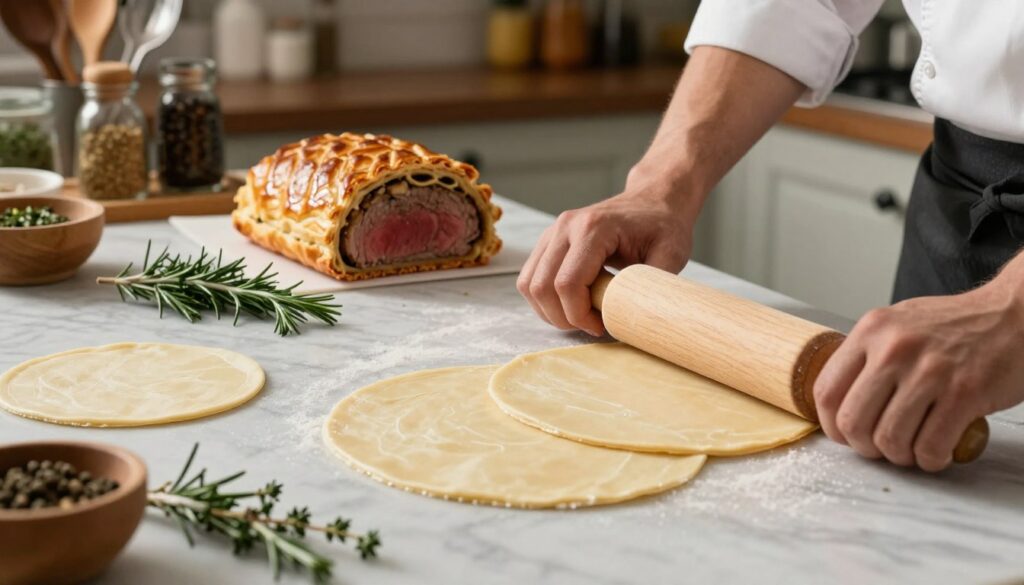 A beautifully arranged kitchen scene featuring a marble countertop laden with freshly made puff pastry sheets, subtly layered to showcase their flaky texture. In the foreground, a chef's hands expertly roll out the pastry dough with a wooden rolling pin, emphasizing the technique of working with puff pastry. In the middle, a beautifully crafted Beef Wellington is partially visible, its golden crust gleaming under soft, warm kitchen lighting. Fresh herbs, a sprig of rosemary and thyme, are scattered artistically around the dish, adding a touch of color. The background reveals shelves filled with cooking utensils and spices, creating a cozy culinary atmosphere. The overall mood is warm and inviting, highlighting the art of professional pastry-making in a home kitchen setting.