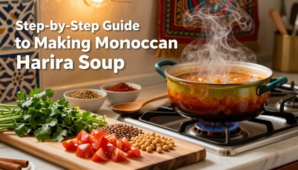 A beautifully arranged kitchen scene illustrating the "Step-by-Step Guide to Making Moroccan Harira Soup." In the foreground, a chopping board with diced tomatoes, lentils, chickpeas, and fresh herbs like cilantro and parsley. A large, colorful pot simmering on a gas stove, with aromatic steam rising. The middle of the image features ingredients in neat bowls: spices like cumin, cinnamon, and turmeric. A wooden spoon rests beside the pot. In the background, warm, golden lighting casts a cozy ambiance, with Moroccan tiles and vibrant textiles visible. The atmosphere is inviting, showcasing the traditional Moroccan cooking experience, inviting viewers to explore the rich cultural heritage of Harira soup.
