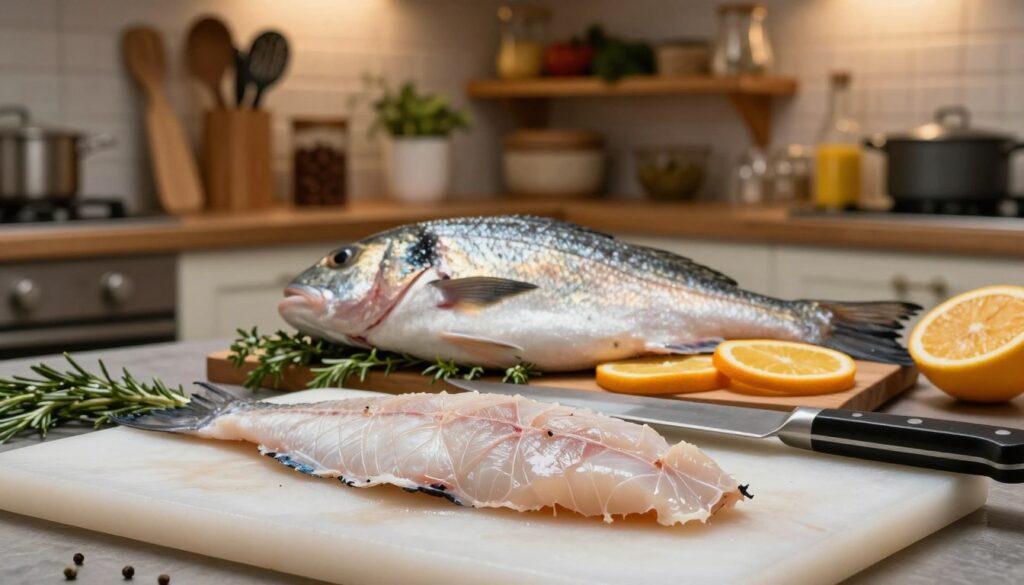 A beautifully arranged kitchen scene showcasing the preparation of fresh John Dory and whole Saint-Pierre fish. In the foreground, a pristine cutting board holds a fillet of John Dory, its delicate flesh glistening. A chef's knife rests beside it, hinting at the process of filleting. In the middle, a whole Saint-Pierre sits on a bed of herbs and citrus slices, radiating freshness with its iridescent scales. The background features rustic wooden shelves lined with cooking utensils and various spices, softly illuminated by warm, ambient lighting. The atmosphere is inviting and culinary-focused, capturing the essence of fish preparation. A shallow depth of field emphasizes the fish, with a blurred kitchen setting enhancing the mood. The image invites viewers to appreciate the art of cooking seafood.