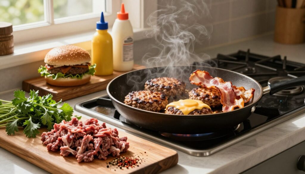 A beautifully arranged kitchen scene showcasing the process of making juicy lamb burgers. In the foreground, there's a wooden cutting board with freshly ground lamb, vibrant fresh herbs, and spices scattered around. A skillet sizzling with the patties on the stovetop, with steam rising creates an inviting atmosphere. In the middle, a frying pan is centered, highlighting golden-brown burgers topped with melting goat cheese, and crispy bacon strips artfully placed nearby. In the background, there are condiments like mustard and aioli, alongside fresh burger buns and greens on a rustic shelf. Warm, natural lighting filters through a window, casting soft shadows. The angle is slightly overhead, allowing a clear view of the burger preparation process, conveying a cozy, inviting vibe perfect for home cooking.