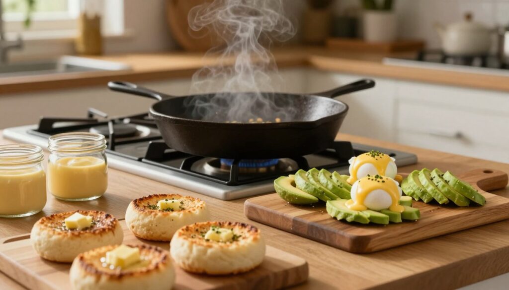 A beautifully arranged kitchen setting featuring a wooden countertop with various English muffin cooking tips visually displayed. In the foreground, a close-up of golden brown English muffins, lightly toasted, with melted butter and a sprinkle of herbs. Next to them, a small wooden board holds different toppings like fresh avocado slices, a poached egg, and a drizzle of hollandaise sauce, presented in elegant glass jars. In the middle ground, a traditional cast iron skillet sits on a stovetop, with steam rising, hinting at the cooking process. The background showcases a cozy kitchen with soft, warm lighting highlighting the baking tools and ingredients. The atmosphere is inviting and warm, perfect for a cooking tutorial.