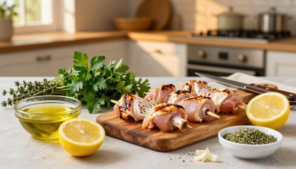 A beautifully arranged layout of grilled chicken souvlaki marinade ingredients. In the foreground, vibrant, fresh ingredients such as boneless chicken pieces, a bowl of olive oil, lemon halves, minced garlic, and a small dish of dried oregano. In the middle, aromatic sprigs of fresh herbs like parsley and thyme, and a rustic wooden cutting board with a knife. In the background, a soft-focus of a Mediterranean-style kitchen with warm, ambient lighting filtering through a window, casting delicate shadows. The scene conveys a warm, inviting atmosphere, perfect for a cooking experience. The colors are bright and appetizing, emphasizing the freshness of the ingredients.